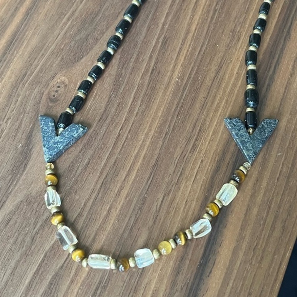 Vintage 90s Tribal Tiger’s Eye and Stone Black and Gold Beaded Necklace C1